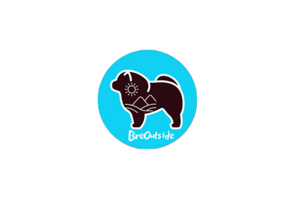 BreOutside logo with a black chow chow dog in a blue circle. Links to the BreOutside yoga website.