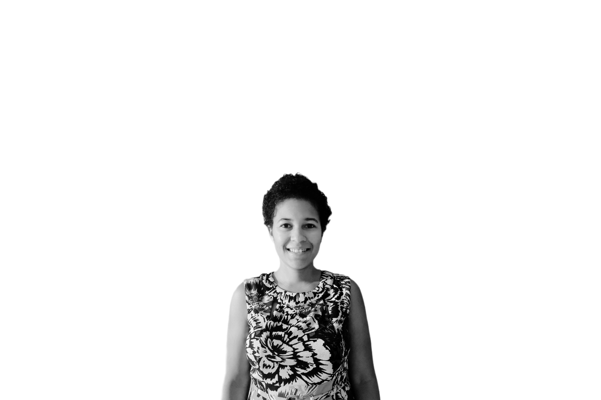 Black and white cut-out image of Breanna Bang in a floral dress, smiling.